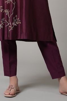 Purple chanderi kurta with placed sequin and bead embroidered blossom vine motifs. Comes with pant. - Aza Fashions Jayanti Reddy, Women Kurta, Pant Women, Rohit Bal, Pant For Women, Tarun Tahiliani, Luxury Sale, Straight Kurta, Beaded Neckline