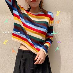 Rainbow Stripe Color Block Long Sleeve Knit Sweater Long Sleeve Shirt Outfits, Harajuku Clothes, Harajuku Shirt, Y2k Sweater, Loose Pullover, Long Sleeve Knit Sweaters, Rainbow Stripes, Busan, Women's Casual