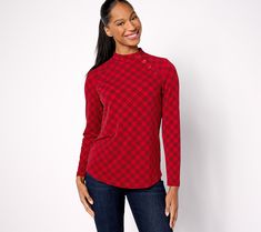 Sure, this long sleeve mock-neck top lends itself to layering under cardis, sweaters, and blazers, but you may want to wear it by itself to showcase the flattering fabric and delightful print. From Susan Graver. Susan Graver, Mock Neck Top, Knit Long Sleeve, Scarlet, 8 Plus, Mock Neck, Long Sleeve Tees, Top Blouse, Womens Tops