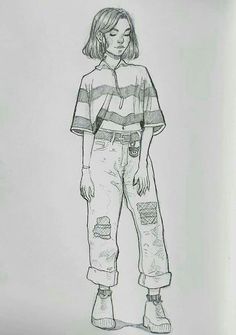 a black and white drawing of a girl in overalls standing with her hands on her hips