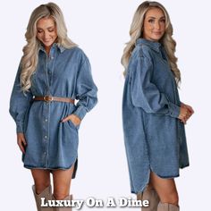 Oversized Denim Boyfriend Pocket Jean Collar Shirt Dress Long Sleeve Button High-Low This Chic Denim Dress Is A Elevated Choice That's Functional With Pockets, Comfortable With A Quality Cotton Blend Material And Effortlessly Perfect. Minimalist Style With A Modern Contemporary Twist That Can Easily Transition From Day To Night, Making This A Playful Choice. Collared Neckline With A Button Front Gives The Option To Wear Open Offering Versatility With Deeper V-Neckline. With An Oversized Boyfriend Shirt Design That Features A Mini Length Round Hi-Low Hem That Lends To A Girl-Next-Door Element. Uniquely Classic With Long-Sleeves, Making This A Timeless Wardrobe Staple That Offers A Polished L Oversized Casual Denim Dress For Fall, Oversized Collared Blue Denim Top, Oversized Blue Denim Collared Top, Oversized Long Sleeve Medium Wash Denim Dress, Oversized Long Sleeve Denim Dress In Medium Wash, Oversized Long Sleeve Denim Dress For Fall, Fall Button-up Washed Denim Dress, Long Sleeve Denim Dress For Daywear, Oversized Blue Shirt Dress For Fall