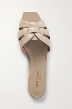 SAINT LAURENT Tribute woven leather slides Ysl Slides, Ysl Tribute Sandals, Jazz Outfit, 2024 Sandals, Barbara Martelo, Taupe Sandals, Dressy Boots, Lady Clothes, Beautiful Wardrobe