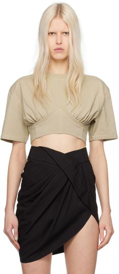 Stretch cotton jersey T-shirt. Rib knit trims throughout. · Crewneck · Gathering at chest · Bustier-style overlay at front · Cropped hem · Dropped shoulders · Hook-eye strap at back Supplier color: Light khaki