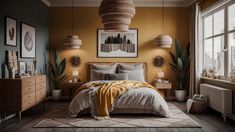 a bedroom decorated in shades of yellow and grey with plants on the wall above the bed