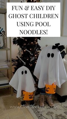 two halloween ghost costumes with text overlay that says fun and easy diy ghost children using pool noodles