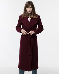 Burgundy coat / Autumn coat with notch collar Wedding Skirt Top, Wedding Dress Coat, Silk Bridal Gown, Burgundy Coat, Autumn Coat, Cape Wedding Dress, Francoise Hardy, Coat Autumn, Gown Skirt