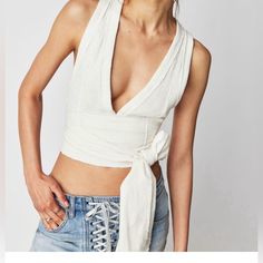 Free People Crop Top Never Worn No Tags Summer Beach Bandage Top, White Wrap Top For Summer, White Wrap Tops For Summer, White Wrap Top For Beach, Spring White Bandage Tops, White Bandage Top For Spring, Chic Bandage Tops For Summer, Chic White Bandage Top, Chic Spring Bandage Top