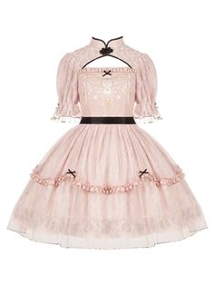 Women’s Embroidered Lace Bow Lolita Dress Fairy Kei Pink Mini Dress, Princesscore White Mini Dress, White Princesscore Mini Dress, Pink Fairy Kei Mini Dress, Pink Kawaii Dress With Doll Collar, Pink Doll Collar Kawaii Dress, Cute Short Sleeve Dresses For Costume Party, Pink Kawaii Mini Dress With Ruffles, Fairy Kei Short Sleeve Dress For Costume Party