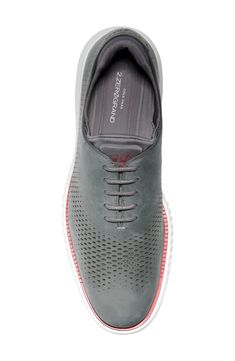 Gradient perforations wrap like a wingtip around a hybrid leather shoe that pairs a whole-cut upper with a sporty interior sock and sneaker sole. Signature Grand.OS technology in the footbed provides anatomically engineered cushioning and support for all-day comfort. Pull-on sock upper with external lacing cage Grand.OS energy-foam footbed Leather and textile upper/textile and synthetic lining/synthetic sole Imported Men's Shoes Comfort Style, Cole Haan, Loafers Men, Leather Shoes, Derby, Dress Shoes Men, Oxford Shoes, Men's Shoes, Dress Shoes