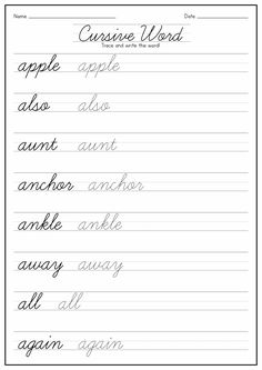 cursive handwriting worksheet with the words apple and anchor on it