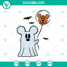 a ghost with a pumpkin on his head holding a balloon in the shape of a mouse