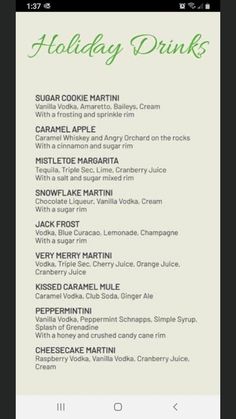 the holiday drink list on an iphone