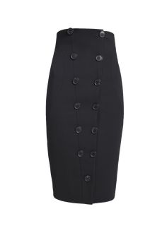 Find ALAÏA Hourglass Wool Pencil Skirt With Button Detail on Editorialist. ALAIA hourglass pencil skirt features two-row button front High rise Hem hits around the knee Knee length Pencil style Virgin wool Made in Italy Elegant High-waisted Pencil Skirt With Button Closure, Elegant High Waist Pencil Skirt With Buttons, Chic Workwear Skirt With Buttons, Chic Buttoned Skirt For Workwear, Elegant Knee-length Skirt With Buttons, Elegant Knee-length Buttoned Skirt, Elegant Formal Bottoms With Side Buttons, Office Pencil Skirt With Buttons, Office Skirt With Buttons