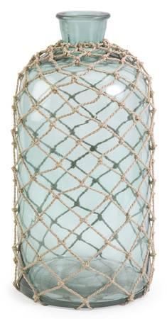 a blue glass vase with rope wrapped around it's sides and bottom, on a white background