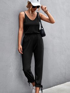 Elegant Women's Tank Romper Jumpsuits Summer Sexy Backless V-neck Casual Black Loose Pants Sports Suit Jumpsuits for Women Straps Jumpsuit, Tank Romper, Suit Jumpsuit, Black Overalls, Picture Style, Jumpsuit Pattern, Long Jumpsuits, Overalls Women, Loose Pants