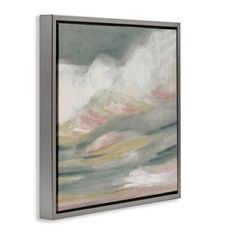 a painting hanging on the wall with clouds in the sky and water behind it,