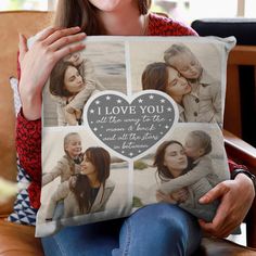 a woman sitting on a couch holding a pillow with two photos and the words i love you