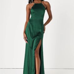 Purchased As A Wedding Guest Dress But Could Not Return Due To Final Sale. Sold Out Online - Has Never Been Worn! Green Halter Neck Maxi Dress For Prom, Green Sweep Train Dress For Homecoming, Green Backless Prom Gown, Green Backless Gown For Prom, Halter Neck Dress With Fitted Bodice For Homecoming, Fitted Halter Neck Dress With Sweep Train, Formal Fitted Halter Neck Bridesmaid Dress, Green Homecoming Gown With Sweep Train, Green Gown With Sweep Train For Homecoming