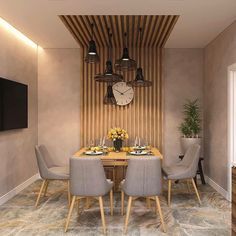 a dining room table with chairs and a clock on the wall