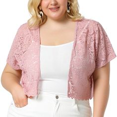 Agnes Orinda Women's Plus Size Lace Allover Summer Off Lightweight Short Sleeve Crop Shrugs Pink 1X Pink Open Front Fitted Tops, Pink Fitted Open Front Top, Short Sleeve Bolero, Cropped Shrug, Lace Bolero, Bolero Shrug, Plus Size Lace, Plus Size Brands, Shrug Cardigan