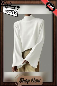 Simple Plain Mock Neck Sweater Modern Fitted White Sweater, Modern White Sweater For Work, Modern White Sweater For Fall, Modern White Winter Sweater, Modern Long Sleeve Winter Tops, Modern White Top For Fall, Mock Neck Sweater, Ladies Tops Fashion, Neck Sweater