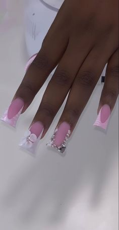 Gel Sets Nails, Long Simple Nail Designs, C Shaped Nails, Short Boujee Nails, White French Tip Nails Design, Short Pink Duck Nails, Duck Nail Designs With Charms, Pink French Tip Nails With Rhinestones, Bad And Boujee Nails Short