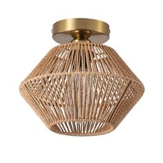 a light fixture with wicker shades on the ceiling and a gold metal fittings