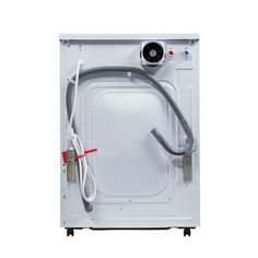 the front view of a washing machine with hoses attached to it's door