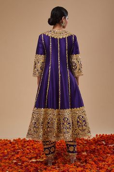 Buy Blue Dupion Embroidery Gota Notched Round Florid Anarkali Salwar Set For Women by Preeti S Kapoor Online at Aza Fashions. Kalidar Anarkali, Anarkali Salwar, Organza Dupatta, Lace Border, Suit Designs, Set For Women, Anarkali, Aza Fashion, Midnight Blue