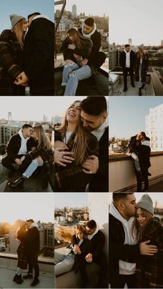 two people hugging each other on top of a building