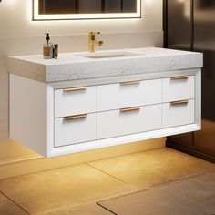 a bathroom vanity with two sinks under a mirror and lights on the wall above it