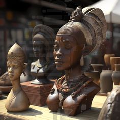 an assortment of african statues on display in a store window, including one woman's head and two men's heads