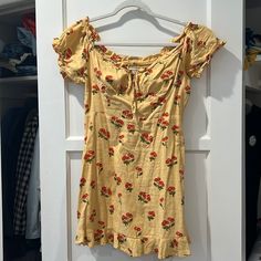 Urban Outfitters Size Medium Yellow Cherry Dress. Like New Without Tags! Casual Summer Dresses By Urban Outfitters, Urban Outfitters Summer Casual Dresses, Urban Outfitters Casual Summer Dresses, Urban Outfitters Summer Dresses With Short Sleeves, Fitted Sundress By Urban Outfitters For Day Out, Urban Outfitters Casual Dress For Garden Party, Casual Urban Outfitters Dress For Garden Party, Casual Mini Dress By Urban Outfitters For Vacation, Urban Outfitters Fitted Sundress For Brunch