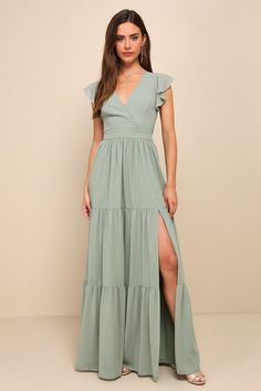 Charming Success Sage Brush Tiered Lace-Up Backless Maxi Dress Sage Bridesmaids Dress, Wedding Guest Dress Sage, Backyard Bridesmaid Dresses, Shoes With Sage Green Dress, Sage Green Floral Maxi Dress, Sage Green Chiffon Dress, Dusty Sage Dress, Halter Top Bridesmaid Dresses, Bridesmaid Dresses Sage Green