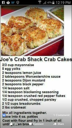 a recipe for crab shack crab cakes is shown in the appliance screen shot