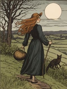 an illustration of a woman with long red hair holding a basket and walking down a path