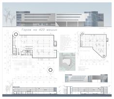 an architectural drawing shows the various sections of a building and its floor plan, including two levels