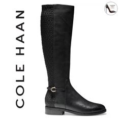 Cole Haan Isabell Women's Stretch Black Leather Knee High Riding Boots Size 6 New In Box Buckles And Clean Lines Pair With The Comfort Of Stretch Defining The Sophisticated Silhouette Of Cole Haan's Versatile Isabell Boots. 1/2" Heel Shaft Height: 13-1/2"; Circumference: 16-1/4"; Measured On A Size 6 Round-Toe Riding Boots With Inner Ankle Zipper Closure Buckled Ankle Strap Grand.Os Technology For Added Comfort Note: Shaft Height And Circumference Vary By Size Leather Upper; Manmade Lining; Rubb Knee High Boots With Jeans, High Boots With Jeans, How To Wear Knee High Boots, Boots Brands, Cole Haan Women Shoes, Flat Riding Boots, Waterproof Suede Boots, Grey Leather Boots, Cole Haan Boots