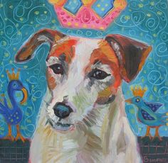 a painting of a dog with a crown on top of it's head and birds in the background