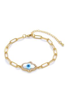 Gleaming CZ accents completes this statement bracelet. CZ trim Hamsa charm chain link bracelet. Lobster clasp. Approx. 2" circumference, 3" extender. Imported Alloy Chain Bangle Bracelet, Trendy Round Alloy Chain Bracelet, Gold-tone Metal Chain Bracelet With Lobster Clasp, Adjustable Round Alloy Bracelets, Adjustable Alloy Bracelets, Gold Alloy Charm Bracelet With Chain Details, Gold Alloy Chain Charm Bracelet, Adjustable Round Alloy Chain Bracelet, Adjustable Chain Alloy Bracelet