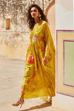 Lime yellow habutai kaftan with floral print and sequins and beaded embroidery. Comes with a shantoon inner. - Aza Fashions Yellow Kaftan, Paulmi And Harsh, Kaftan Set, Classy Heels, Lime Yellow, Habotai Silk, Silk Kaftan, Romper And Jacket, Heels Classy