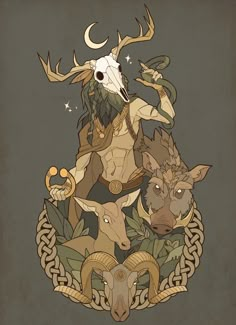 an animal with horns sitting on top of another animal's head and surrounded by other animals