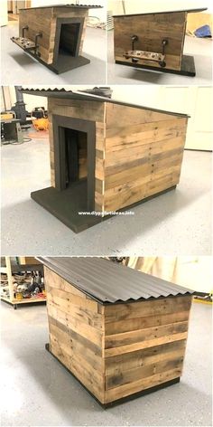 the dog house is made out of pallet wood and has a roof that looks like it