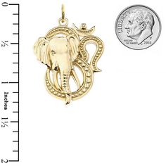 A Solid 10k Gold Elephant Ganesh Hindu God Of Success Pendant Necklace. Hindu God of beginnings, who is traditionally worshipped before any major enterprise and is the patron of intellectuals, bankers, scribes, and authors. Ganesh (also spelled Ganesa or Ganesha and known as Ganapati, Vinayaka and Pillaiyar) is the Lord of Good Fortune who provides prosperity, fortune and success. Made in the USA yet offered at factory direct jewelry price. Product Information Metal Type: 10k or 14k Yellow/Rose/ Symbolic Jewelry For Puja And Festivals, Symbolic Jewelry For Puja And Diwali, Symbolic Jewelry For Diwali Puja, Symbolic Jewelry For Puja During Diwali, Ceremonial Spiritual Temple Necklace, Symbolic Necklaces For Puja And Festivals, Symbolic Ceremonial Jewelry For Festivals, Symbolic Engraved Necklace For Festivals, Symbolic Intricate Design Jewelry For Festivals