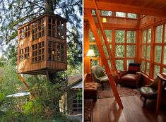 two pictures side by side one shows a tree house and the other shows a living room