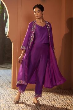 Purple jacket with floral resham, zari, cutdana and sequin embroidery. Paired with a blouse and pant. - Aza Fashions Elegant Front Open Dupatta With Resham Embroidery, Front Open Resham Embroidered Georgette Sets, Front Open Georgette Sets With Resham Embroidery, Anarkali Style Floral Embroidered Palazzo Set For Party, Georgette Long Sleeve Pant Set With Dupatta, Anarkali Palazzo Set With Floral Embroidery For Party, Long Sleeve Georgette Pant Set With Dupatta, Floor-length Pant Set With Dupatta For Eid, Designer Georgette Pant Set With Resham Embroidery