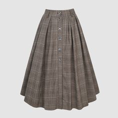 "pleated-detail buttoned wool skirt A-line wool skirt Linennaive's timeless, minimalist pieces are the perfect building blocks for curating your own capsule wardrobe.  This skirt embodies effortless and timeless elegance.  Tailored from soft wool, it has a timeless A-line silhouette. Presented in a vintage brown and check pattern, the piece has fabric-covered buttons at the front that add to its sophistication. Elegant pleats create a dynamic, feminine look. The high-waisted design features front button detailing, you can wear it with a belt, perfect for sophisticated casual wear. This wool skirt is made for you. We know it, you know it, the skirt knows it. 【Fabric】 wool, fully lined 【Length】 36-37 inches.  【Size】 *SIZE XS  waist: 26\"/ 66 cm *SIZE S  waist: 27\"/ 70 cm *SIZE M  waist: 29/ Fall A-line Skirt With Buttons, Elegant Winter Skirt With Button Closure, Elegant Winter Skirt With Buttons, Winter Knee-length Skirt With Button Closure, Elegant Brown Skirt With Buttons, Brown A-line Pleated Skirt, Classic Relaxed Pleated Skirt With Pockets, Knee-length Winter Skirt With Buttons, Classic Relaxed Fit Pleated Skirt With Pockets