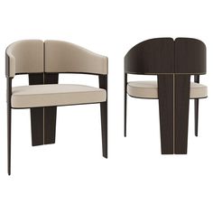 two modern chairs with curved backrests and upholstered seat, one in black and the other in beige