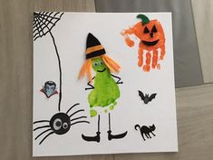 handprinted halloween cards with pumpkins, spider web and witch's hat