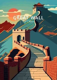 the great wall of china is shown in this retro style poster with mountains and water